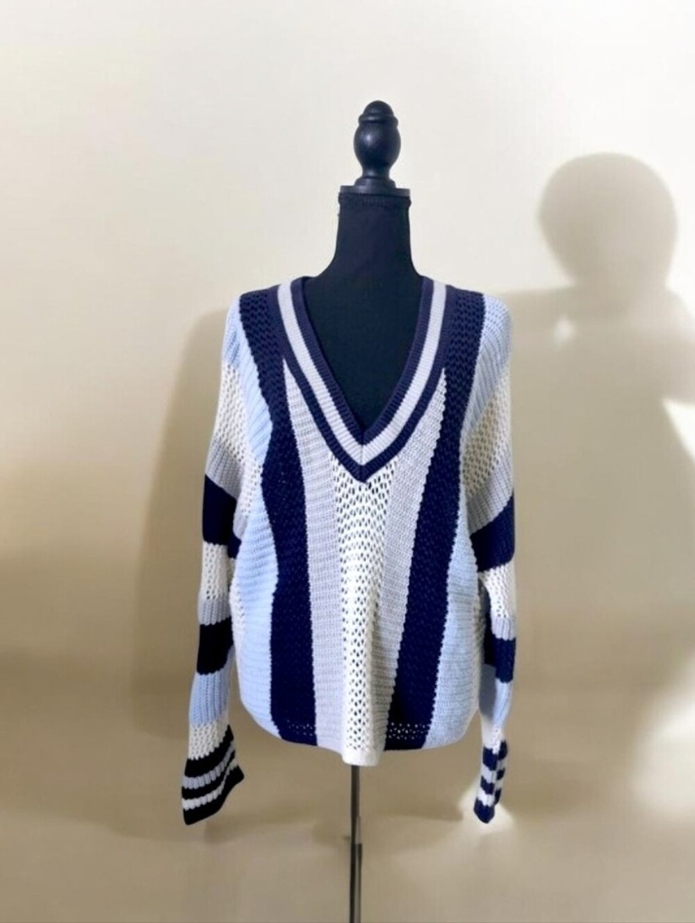 Striped V-Neck Knit Sweater - Navy & Light Blue